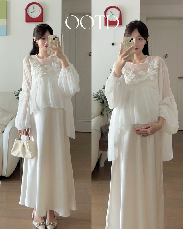White Moon Highlight Goddess! French Retro Puff Sleeves, Elegant Maternity Drape Long Dress Two-Piece Set White Moon Highlight Goddess! French Retro Puff Sleeves, Elegant Maternity Drape Long Dress Two-Piece Set