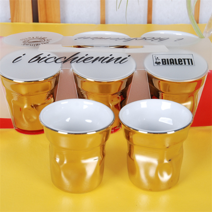 Italian Bialetti Gold-Plated Coffee Cup Set, Collector's Edition, 65ml Capacity, 6 Single Cups, Ceramic with White Interior