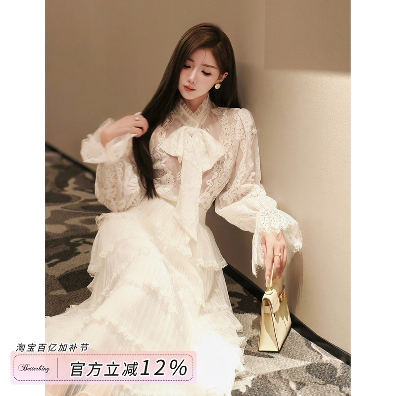Bingbing Is Here | 【Star of Gauze】French-Style Pure Desire Bow-Tie Top with Lantern Sleeves and Lace Shirt