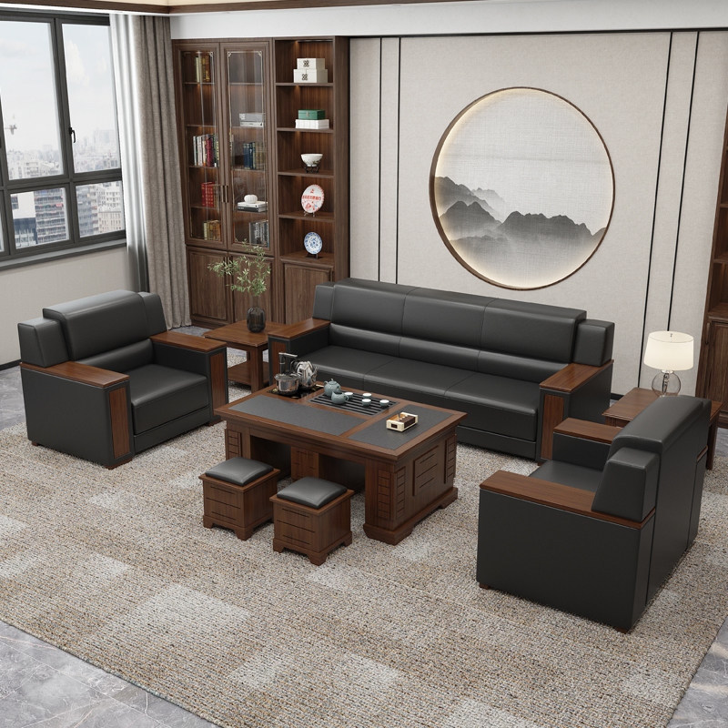 Office sofa coffee table combination business reception room meeting guests leather three-seat Chinese style boss office sofa