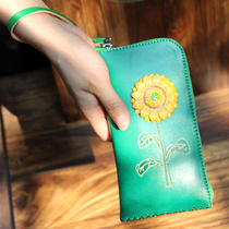 Featured handmade sun flower ethnic wind handmade wallet genuine leather mobile phone bag small hand bag women mini cute