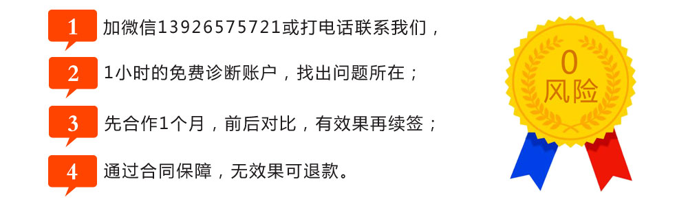 1.加微信13926575721或打电话联系我们，2. 1小时的免费诊断账户，找出问题所在；3.先合作1个月，前后对比，有效果再续签；4.通过合同保障，无效果可退款。