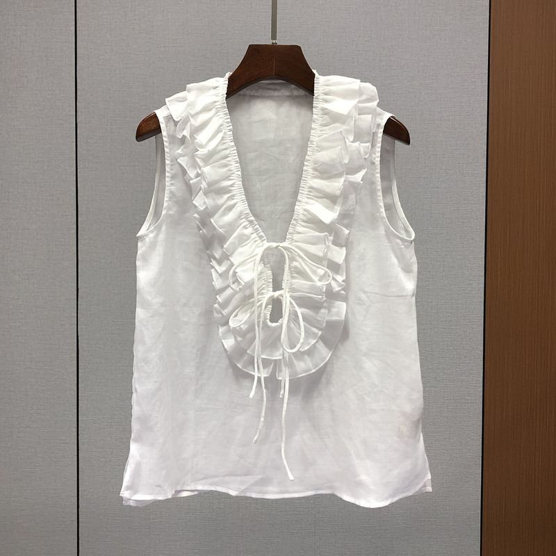 Nanyou High-Quality Goods! Linen Slit Tie Vest for Women, European Style, New Summer Model, Ruffled Sleeveless Shirt Top 84Y13