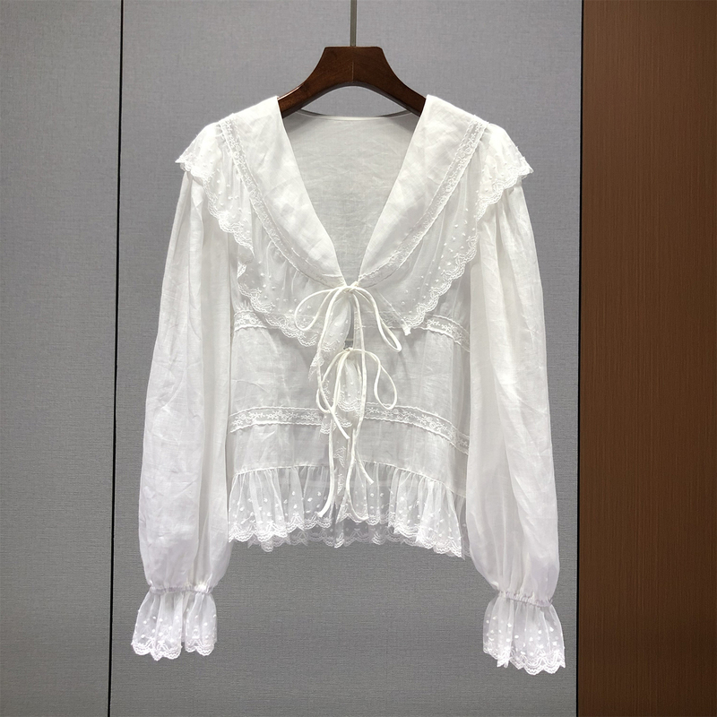 High-Quality Goods # Linen Lace-Up Slightly See-Through Blouse for Women, European Style, New Autumn Lace Trim Sexy Top 83m27