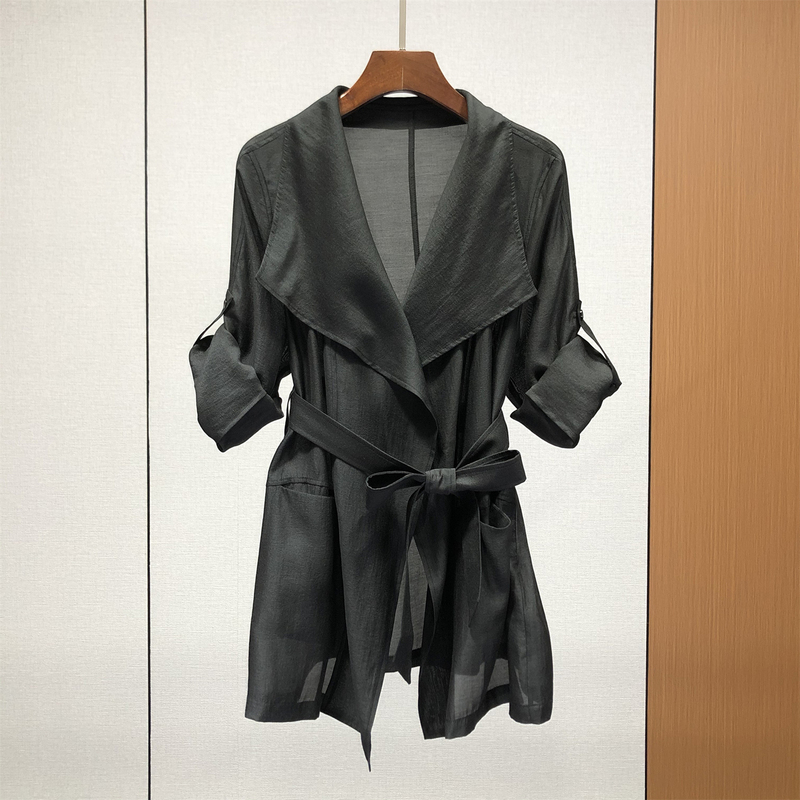 Nanyou High-Quality Goods! Mid-Length Casual Trench Coat for Women, European Style, New Summer Model, Large Lapel, Elegant and Slightly See-Through 84H27