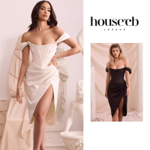 Discount Spot House of cb Shen Mengchen Same Style One Shoulder Fish Bone Tie Waist Satin Dress