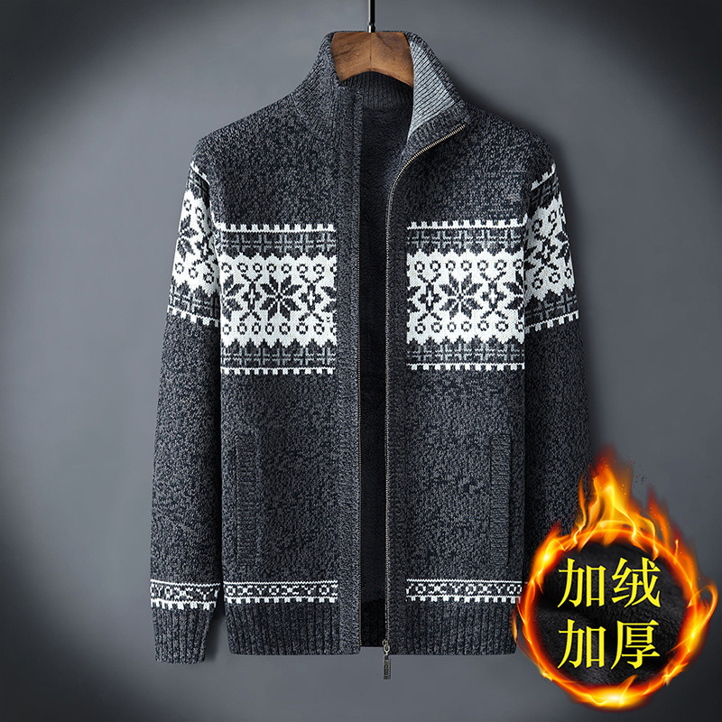 Winter Thick Wool Men's Turtleneck Sweater with Fleece Lining, Fashionable Snowflake Pattern, Open-Front Knit Cardigan, Loose Fit, Plus Size