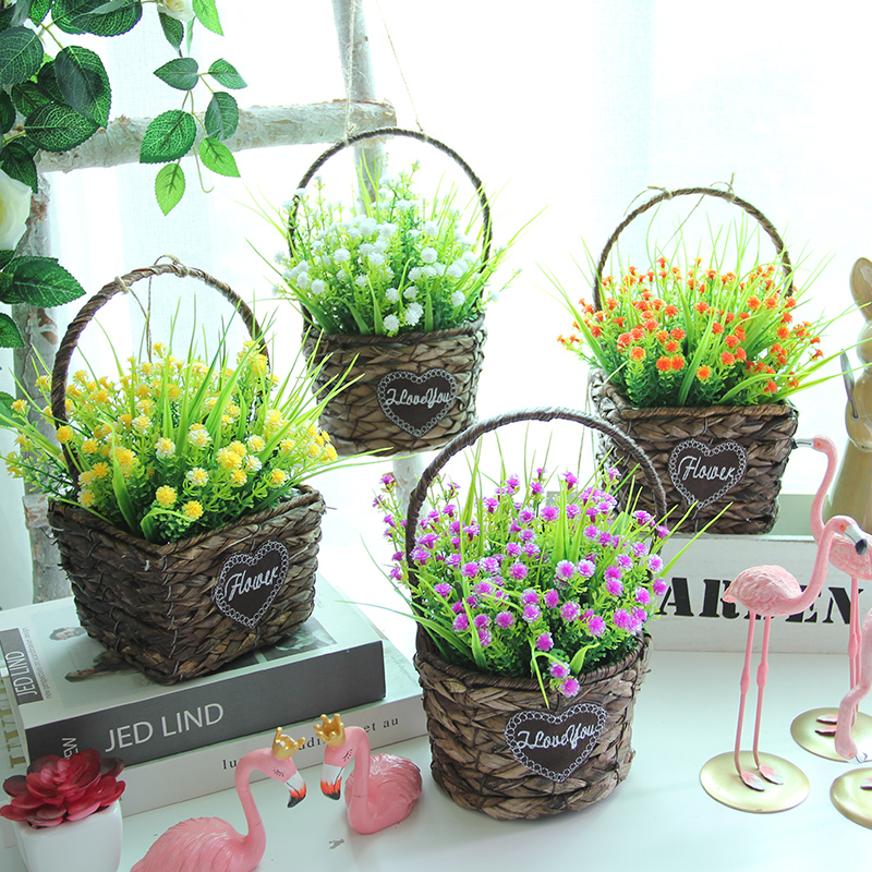 Handmade grass choreograpes small flower basket hand rattan knitted flower vase knitted insert dried flower vase creative hanging basket decorative florin