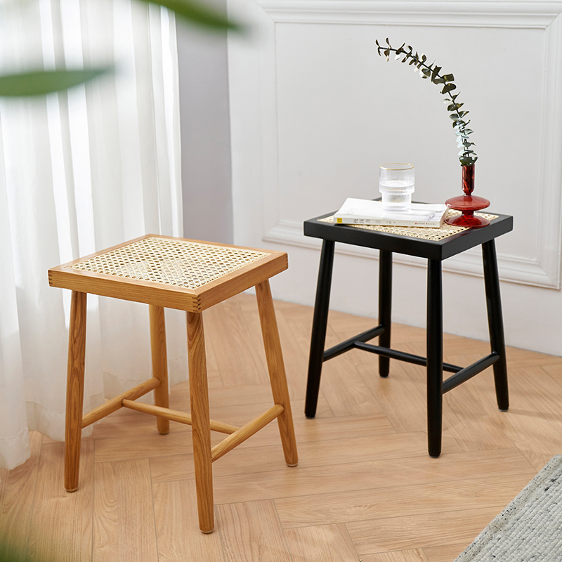 Nordic Japanese-style solid wood square stool rattan stool entrance door change shoe stool simple modern wear shoe stool bench side table