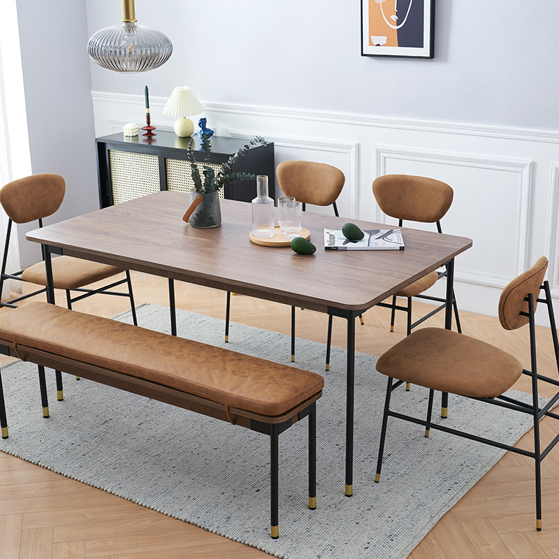 Nordic light luxury solid wood dining table and chair combination bench Household small apartment Modern simple wrought iron walnut wood dining table