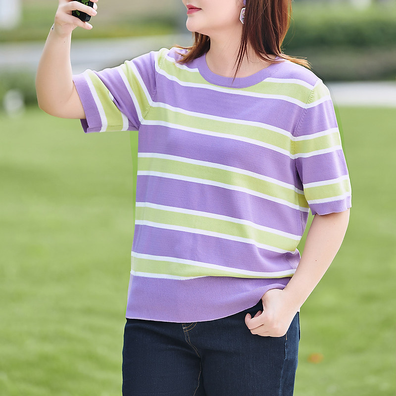 MSShe big size women's dress 2022 new summer dress fat mm minus-age Slim Striped double curated yarn Knitted Cardiovert Blouse