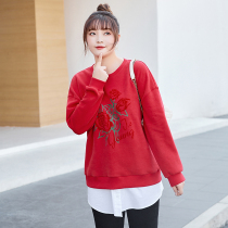 MSShe big code womens dress 2022 new stack wearing tightness waist accessories fake two tie-buttoned shirt down the fart curtain