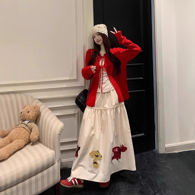 High-End Maternity Suit 2025 New Spring and Autumn Lace-Up Knitted Cardigan with Embroidered Cartoon Heavy-Duty Maternity Half Skirt