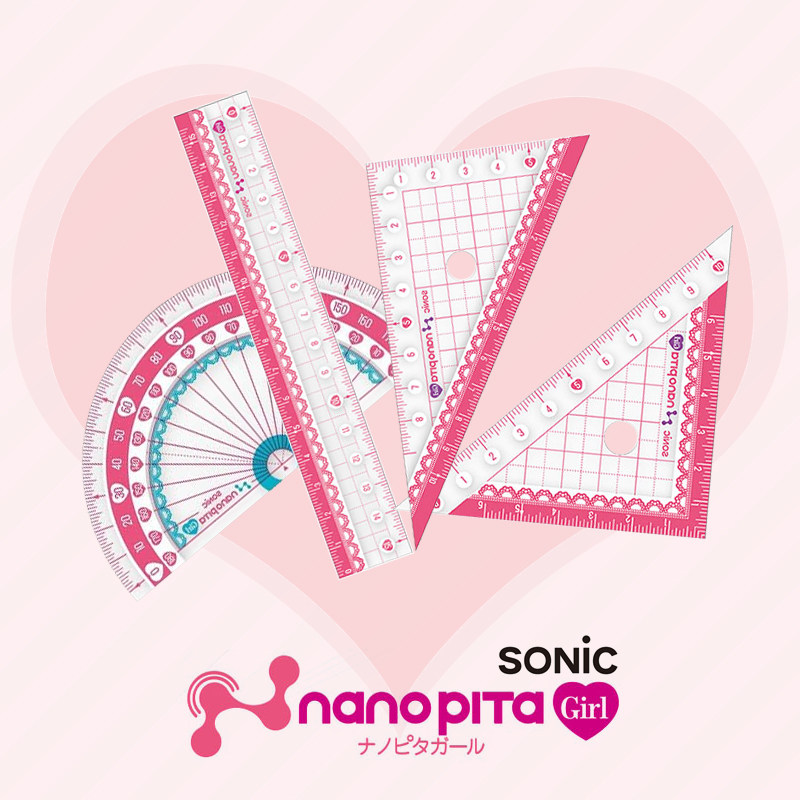 Japan SONIC Teenage Pink Lace Student Ruler Protractor Triangular Plate Suit Transparent Non-slip Bifacial Character
