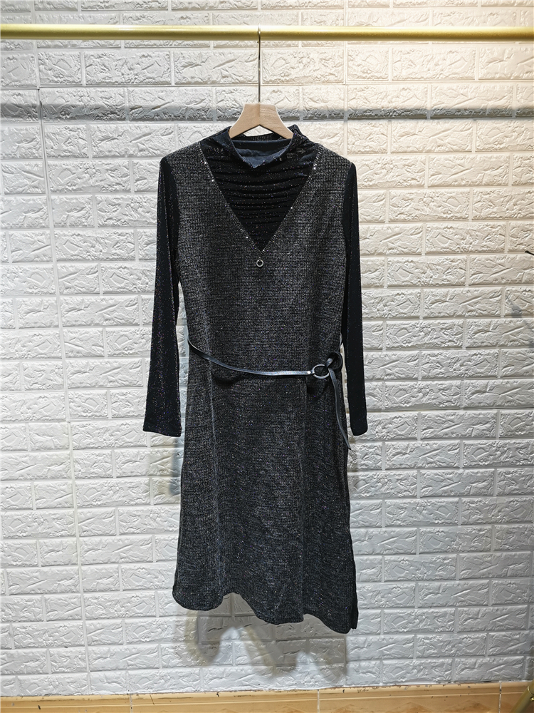 2043 women's clothing V collar scalding drill for spring and autumn long sleeves irregular ocean dress with belt