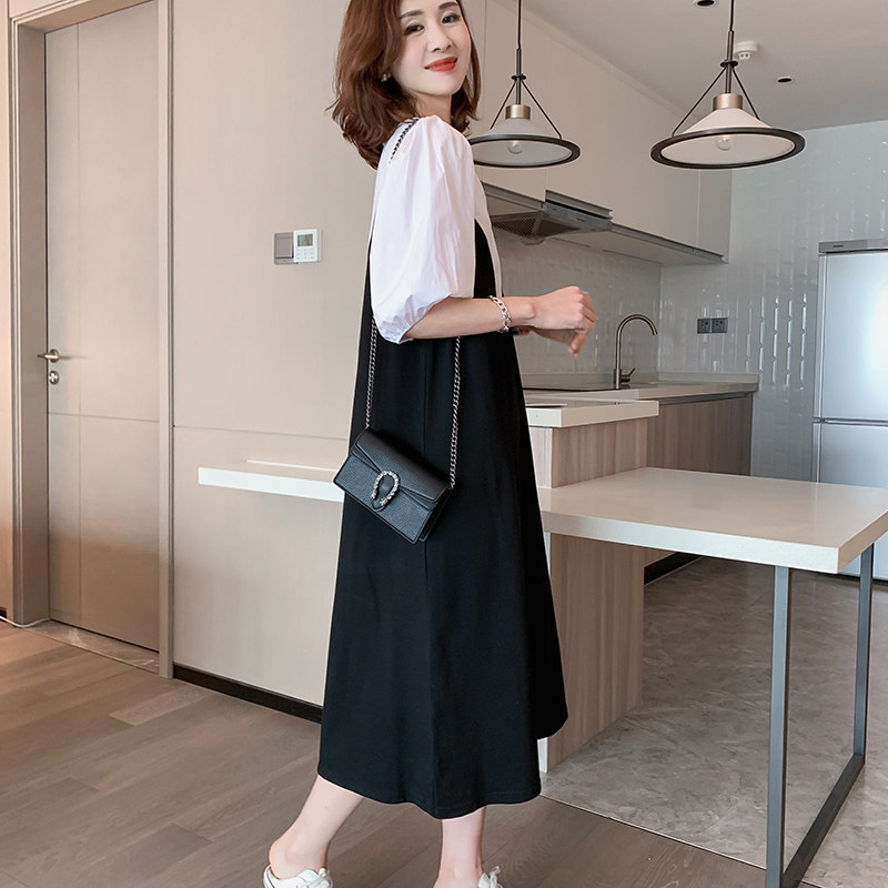 Black & White Splicing Ocean Dress Summer Europe Station 2022 New European Goods Tide Bubble Cuff Fake Two Sets Casual Long Skirt Woman