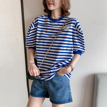 Bubble Cuff Blouse Women Summer Europe Station 2022 New European Stock Tide Half Sleeves Loose Blue Striped Silk Light Cotton T-shirt
