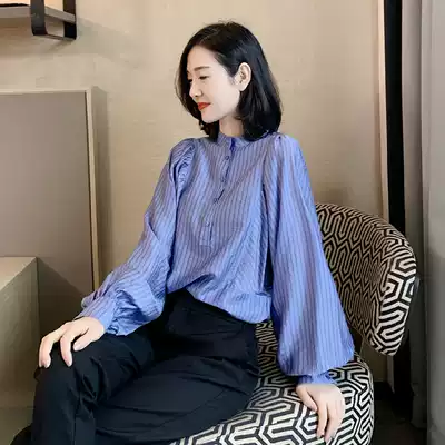 Bubble Sleeve Top Women Spring and Autumn Europe Station 2021 New European Design Sense Sunscreen Long Sleeve Stripe Blue Shirt