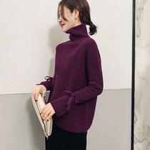 Purple sweater women autumn and winter European station 2021 New European tide loose thick shiny silk wear turtleneck sweater