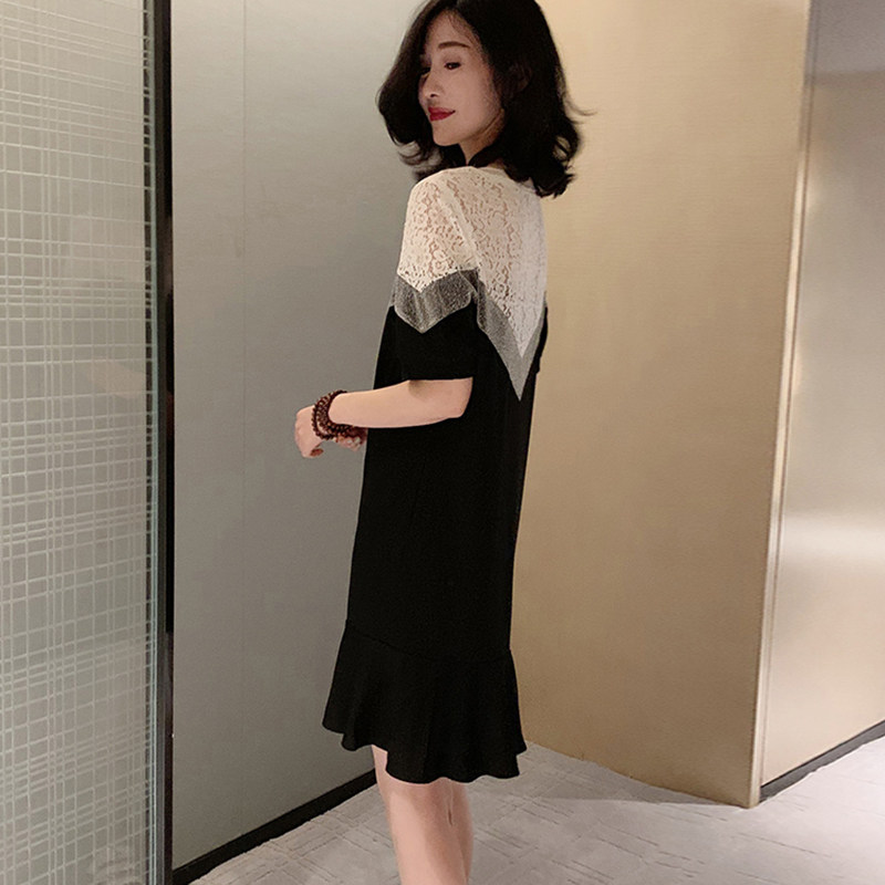 Black and white mosaic dress summer Europe station 2021 New European fashion foreign fashion fake two pieces lace fishtail skirt women