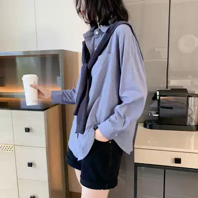 With shawl shirt Women autumn 2021 New European station European goods long sleeve outside wear wild two pieces Blue Coat