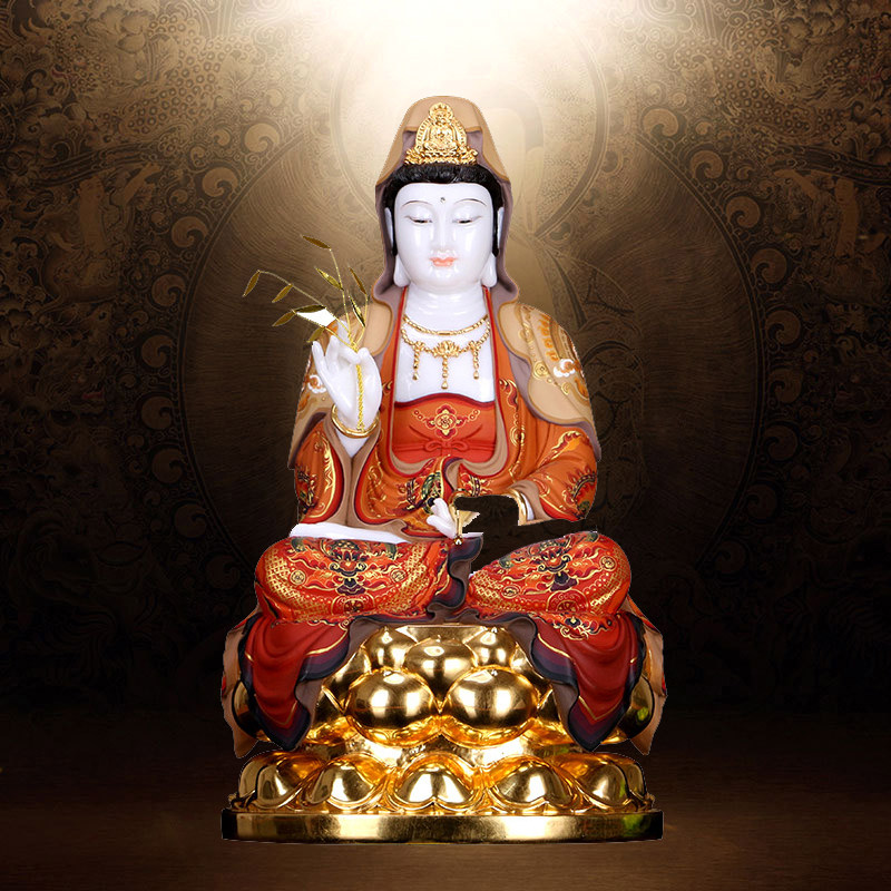 White marble inlaid gold Guanyin Buddha statue home South China Sea Guanyin Bodhisattva Saha three holy living room for Buddha ornaments