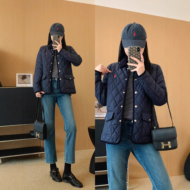 High-Quality Cotton-Padded Jacket! Classic Quilted Diamond Pattern with Pony Embroidery and Corduroy Collar, Women's Autumn and Winter Jacket