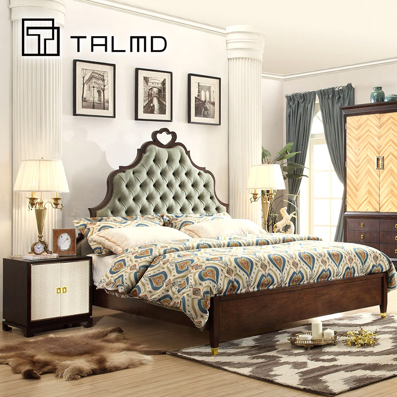 TALMD Tumai Modern Chinese Fabric Buckle Double Bed Solid Wood Carved New Chinese Furniture Light Luxury High-end