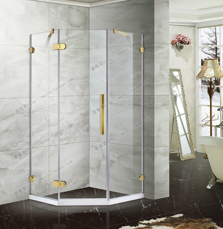 Light extravagant gold without frame shower room bath integral bathroom partition I-shaped titanium alloy diamond shaped glass flat open door