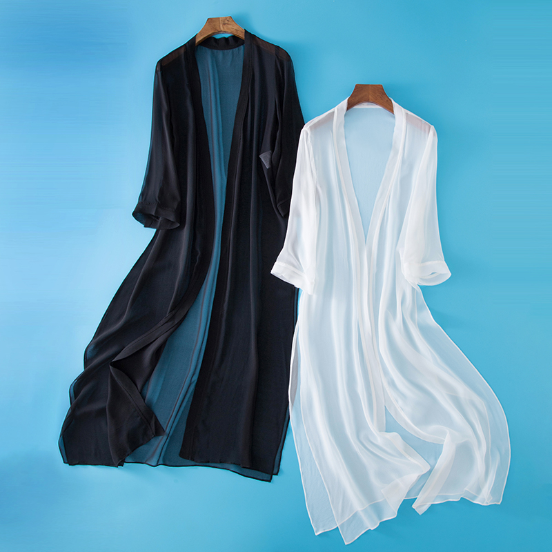 Silk outer cardigan Large size shawl 100%Mulberry silk medium and long version with skirt sunscreen coat Women's thin coat