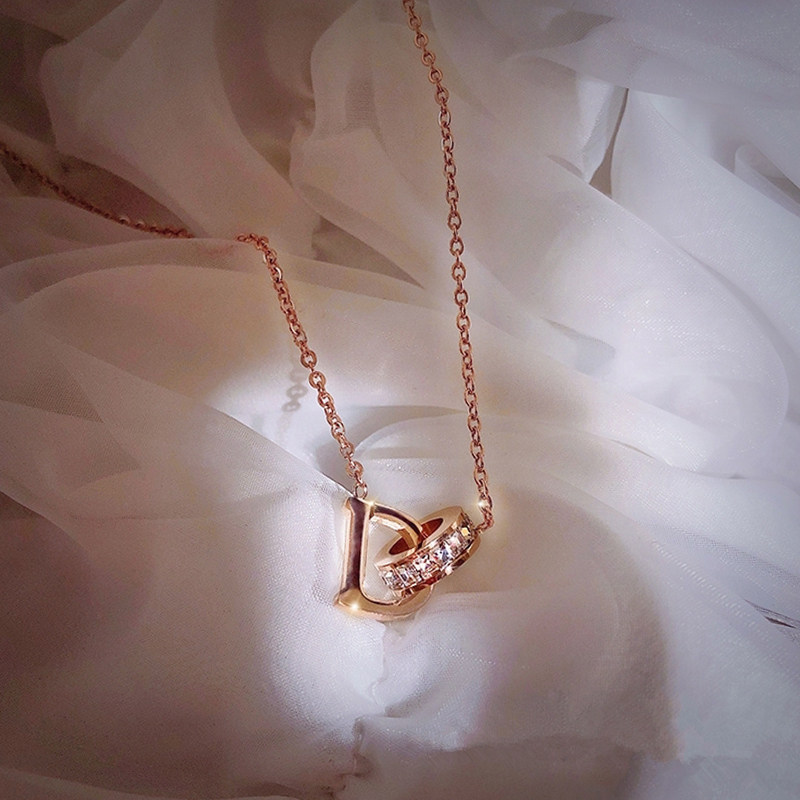 Korean D letter double ring necklace female sterling silver light luxury niche high-end temperament clavicle chain simple and versatile pendant ins
