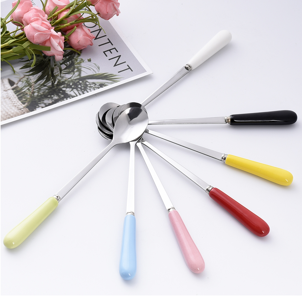 Personality Creative Stainless Steel Korean Version Coffee Spoon Cute Cartoon Spoon Ceramic Handle Soup Spoon Long Handle Stirring Spoon