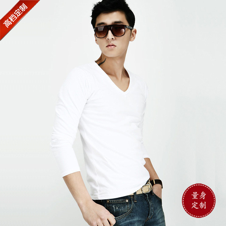 Spring New Style Korean Men's Tight T Shirt Fashion V Neck 3/4 Sleeve T Shirt Lycra Cotton Solid Color Undershirt 