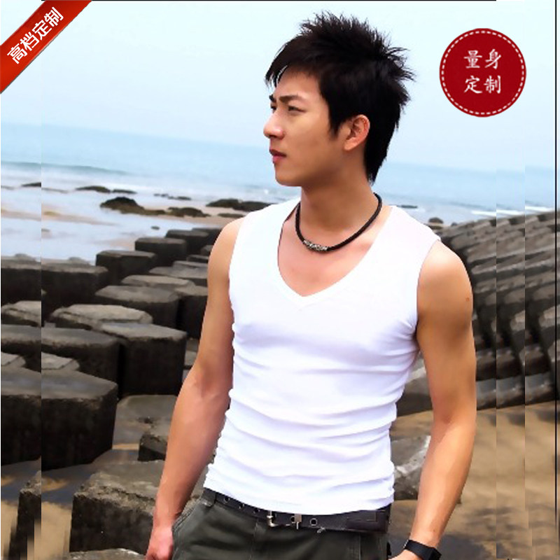 New men's white tight vneck vest men's waistless sleeveless sleeve sports Korean cotton sweatshirt custom