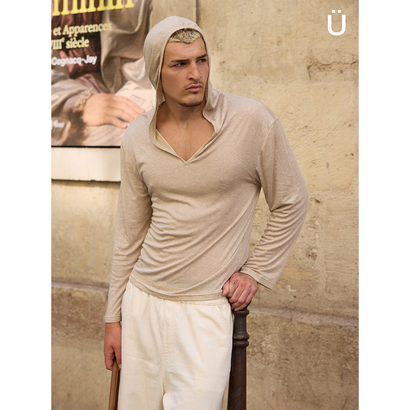 Sofunit Old Money Style Merino Wool Lyocell Deep V-Neck Slightly Sheer Knit Loose Hooded Cover-Up