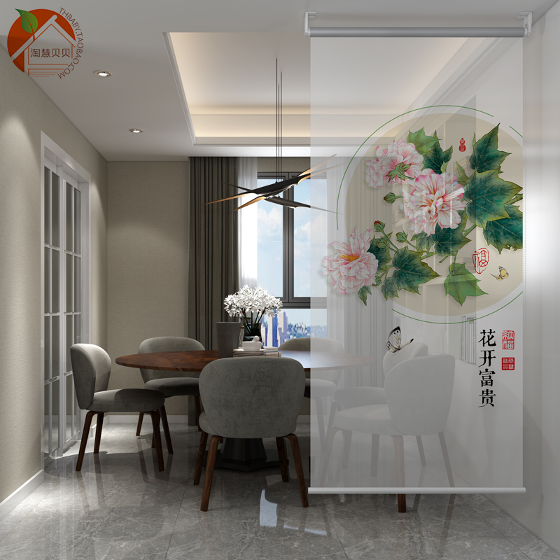 Modern New Chinese semi-permeable hanging screen Living room Lift roller blind dining room Suspended Soft Screen Entrance Partition Window Decoration