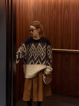 Niche Design Women's 25 Autumn/Winter New Vintage Diamond Pattern Sweater Loose Casual Versatile Knit Top Trendy