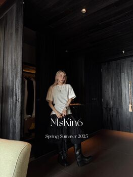Mskin6 Early Spring Women's New Design Pleated Waist T-Shirt, Loose Round Neck, Irregular Short Sleeves, Versatile Pure Cotton