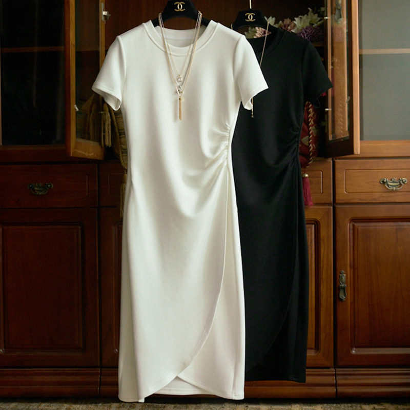 Designed Pleated Waist Slimming Look Dress with Air Layer, Slim Fit, Mid-Length Slit Long t Skirt, Age-Reducing A-Line Skirt