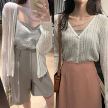 TMH STUDIO Moonscreen Iceland sunscreen Sweatshirt Thin women Summer v collar Outer lap Knitted Cardiovert Coat Long Sleeves