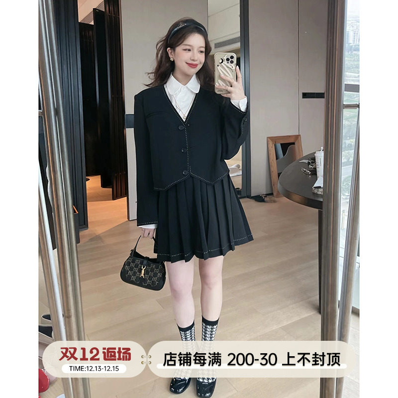 TMH STUDIO Black Suit Set Women's Early Autumn College Style Western Style Short Pleated Skirt Two-piece Set