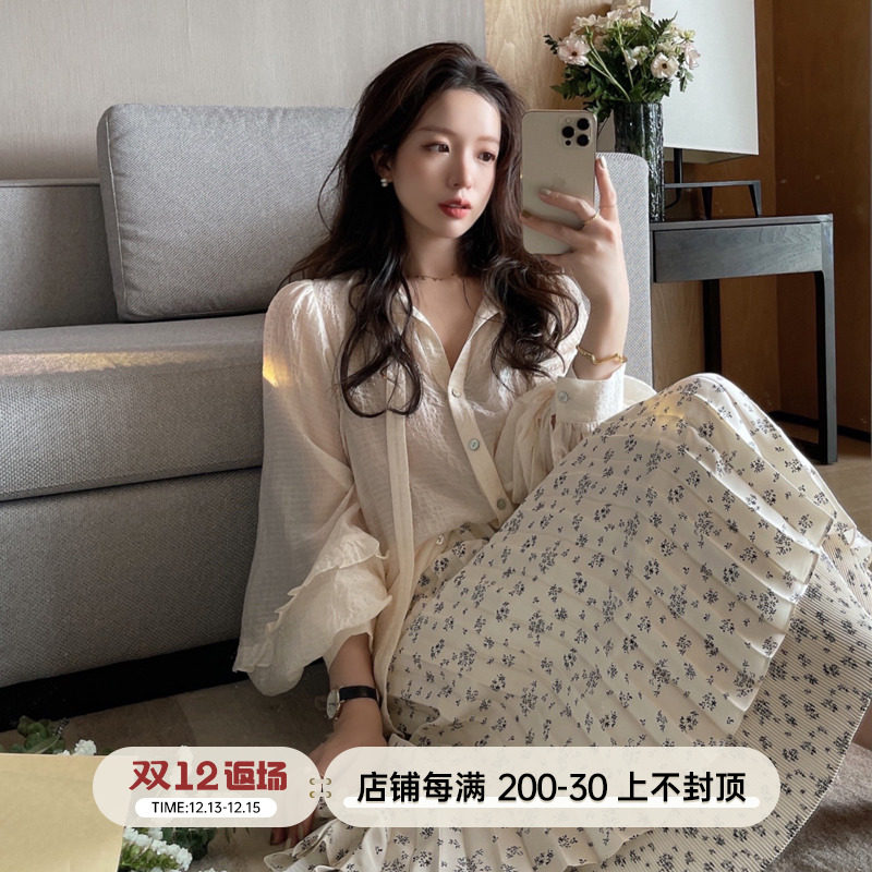 TMH STUDIO Monet's Garden French floral skirt women's summer pleated design mid-length skirt