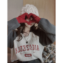 TMH STUDIO American retro sweatshirt splicing knitted cuff woman design feeling early spring 2022 new round collar blouses