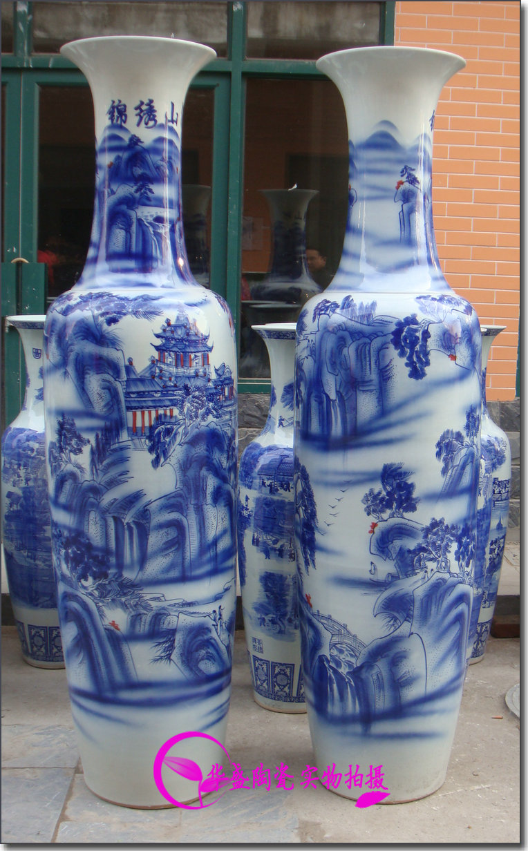 Jingdezhen ceramic floor-to-ceiling large vase hand-painted blue and white landscape splendid Shanhe company ornaments 1 21 8 meters-3 meters