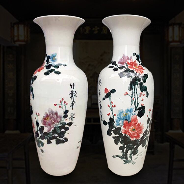Jingdezhen ceramic ware floor large number vase hand painted peony bamboo living-room pendulum piece 1 m 1 m -1 4 m