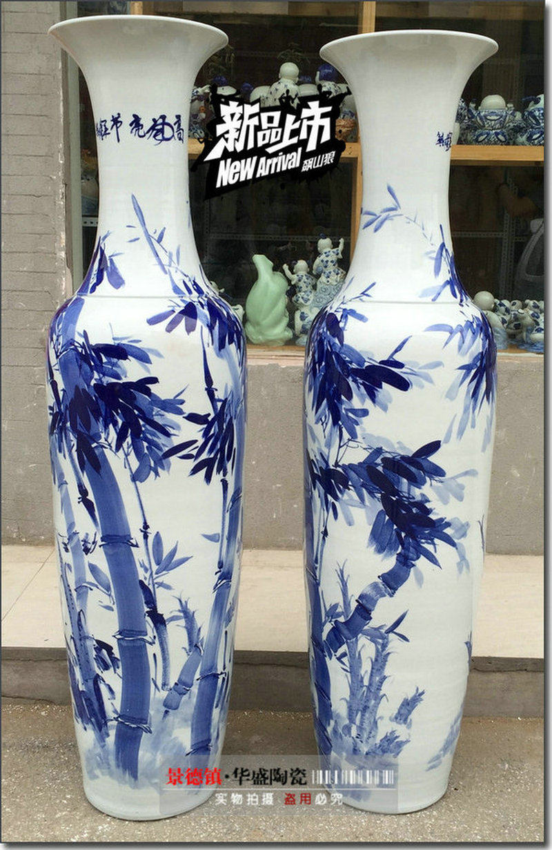 Jingdezhen ceramic ground floor large vase full-hand painted bamboo high wind bright festival Cuidi 1 8 m