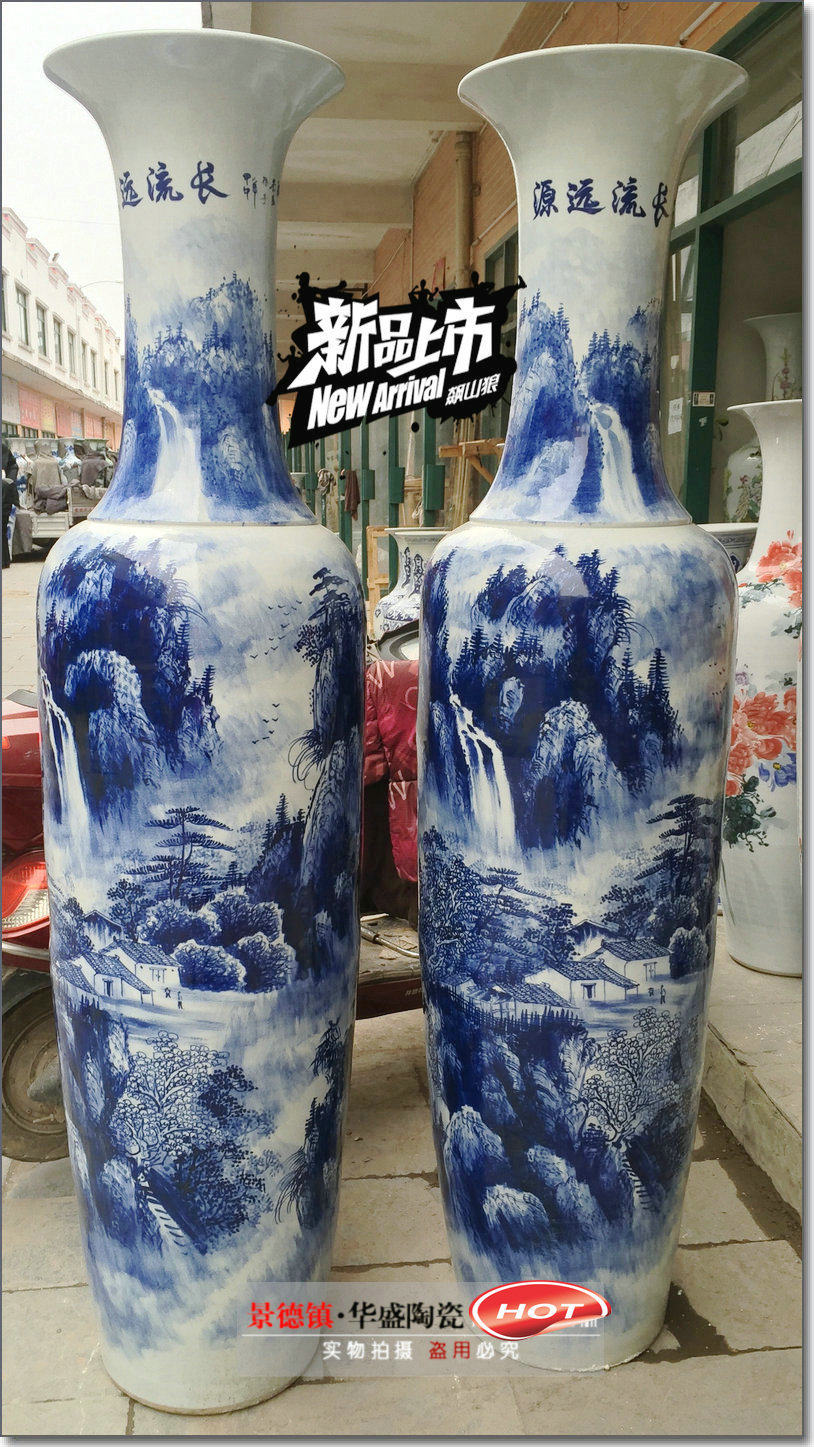 Jingdezhen ceramic floor-to-ceiling large vase full hand-painted Chinese painting landscape blue and white 1 8-2 2 meters long