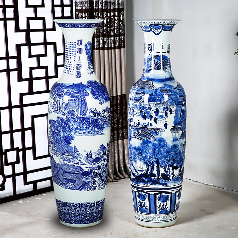 Jingdezhen ceramics floor-to-ceiling large vase hand-painted Qingming river map blue and white porcelain living room ornaments hotel decorations