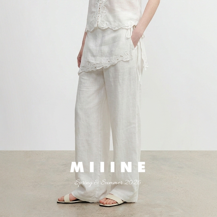 Miiine Embroidered Lace-Up White Culottes, Linen Wide-Leg Thin Drapey Loose Straight Skirt Pants