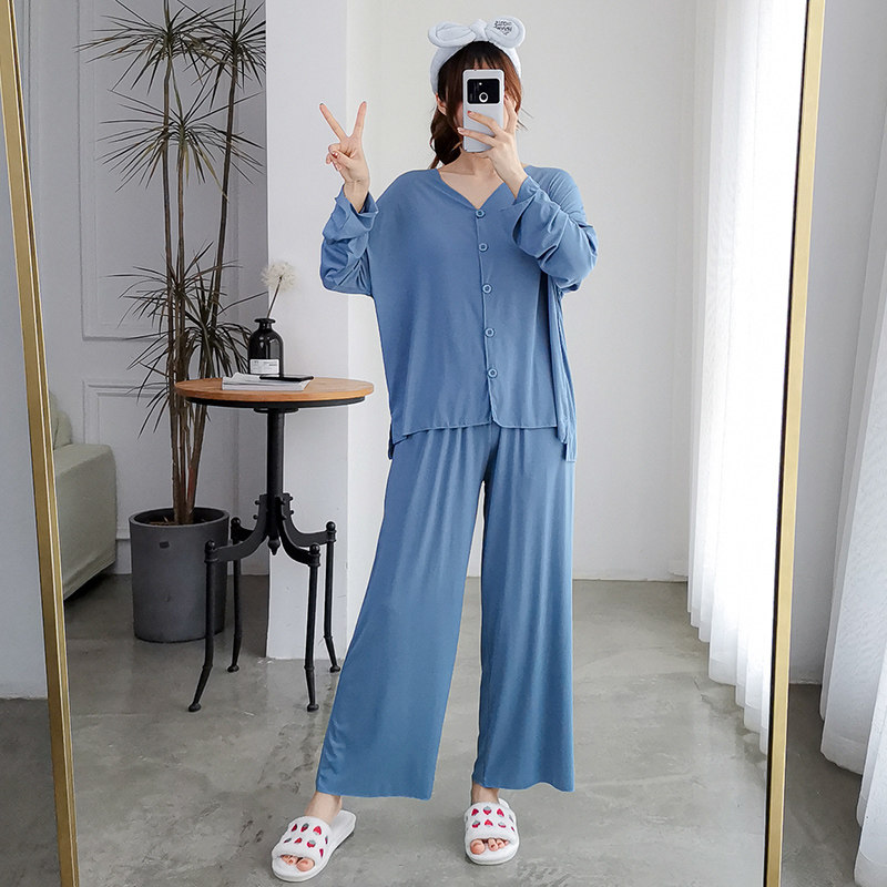 Spring and autumn modal long-sleeved pajamas suit women's large size fat MM home clothes thin section loose cardigan confinement clothes summer